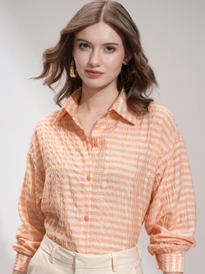 Tokyo Talkies Women Striped Casual Orange Shirt