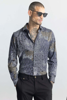 Snitch Men Printed Casual Grey Shirt