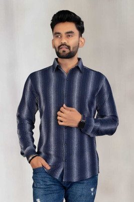 Dada Cretion Men Self Design, Striped Casual Blue Shirt