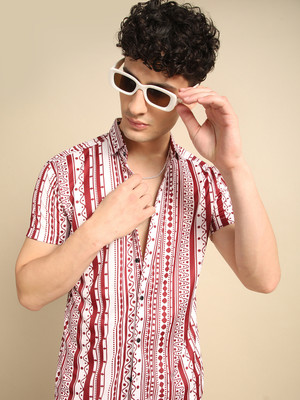 Voroxy Men Printed Casual Red, White Shirt