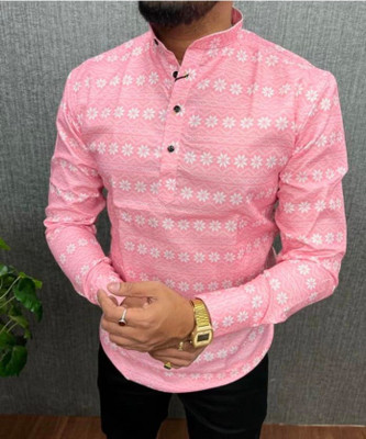 RandomStyle Men Printed Straight Kurta(Pink, White)