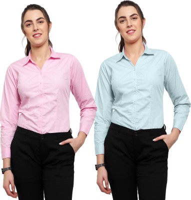 Blue Ronin Women Solid Formal Pink, Green Shirt(Pack of 2)