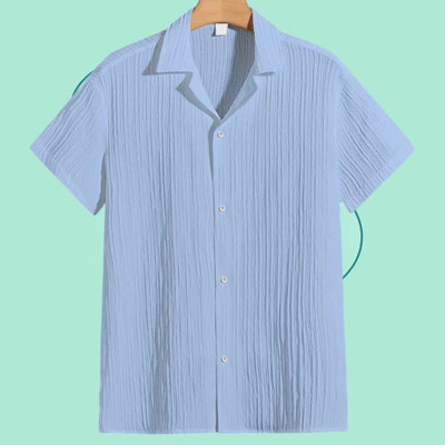 A DEEMOON TREND Men Self Design Casual Light Blue Shirt