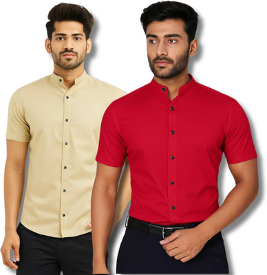 ModeNex Men Solid Casual Beige, Red Shirt(Pack of 2)