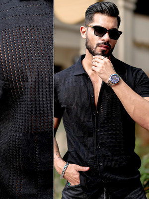 MANIAC Men Self Design Casual Black Shirt