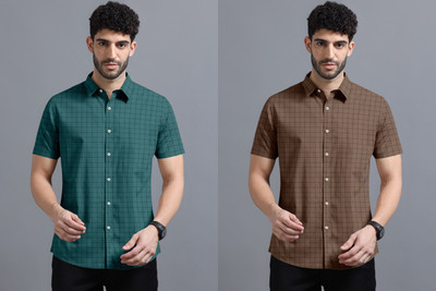 METRONAUT Men Checkered Casual Brown, Green Shirt(Pack of 2)