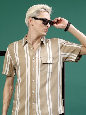 RIGO Men Striped Casual Beige Shirt