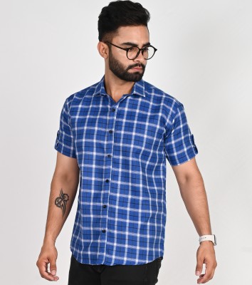 BLEZZA Men Checkered Casual Blue Shirt