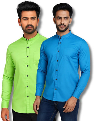 COTTONCHHAP Men Solid Casual Light Green, White Shirt(Pack of 2)