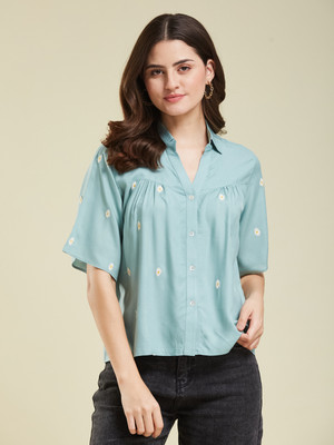 J TURRITOPSIS Casual Embroidered Women Green Top