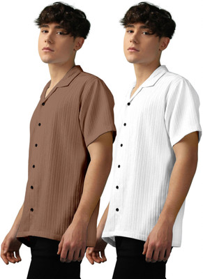 OXXOM Men Self Design, Striped Casual Brown, White Shirt(Pack of 2)