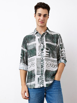 Spykar Men Printed Casual Green, White Shirt