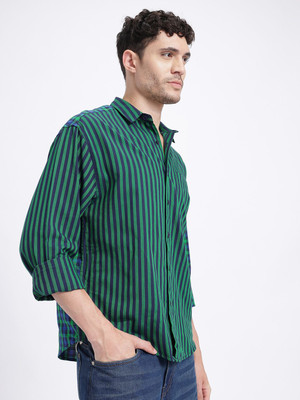 Glitchez Men Striped Casual Green Shirt