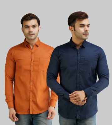 youth first Men Solid Casual Brown, Dark Blue Shirt(Pack of 2)