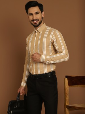 Indian Needle Men Striped Formal Brown Shirt