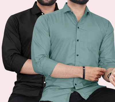 CLOSWIF Men Solid Casual Black, Light Green Shirt(Pack of 2)
