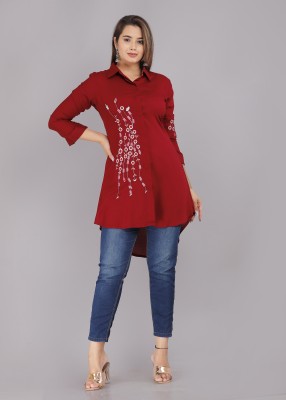 Myorica Women Embroidered Casual Maroon Shirt