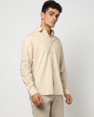 Blue Buddha Men Solid Casual Beige Shirt