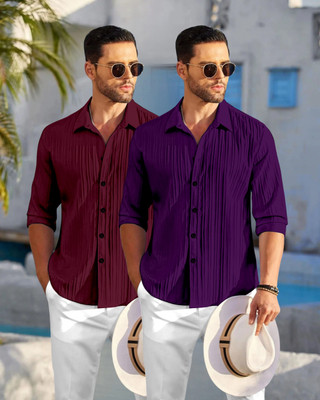 HEMAS LIFESTYLE Men Self Design, Striped Casual Maroon, Purple Shirt(Pack of 2)