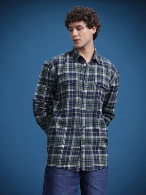 Roadster Men Checkered Casual Dark Blue Shirt