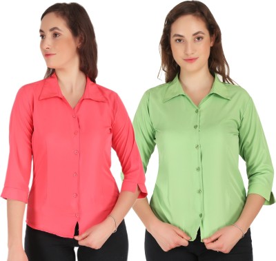 SHANAYA MODA Women Solid Casual Pink, Green Shirt(Pack of 2)