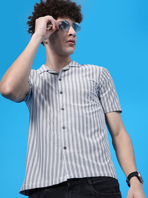 V-MART Men Striped Casual Grey, White Shirt