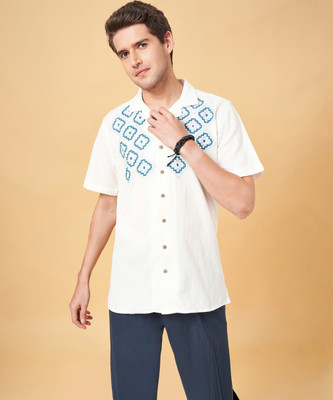 7 Alt by Pantaloons Men Embroidered Casual White, Blue Shirt