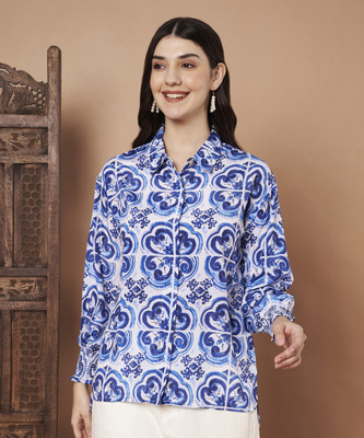 Bhavya Attire Women Printed Casual Blue, White Shirt