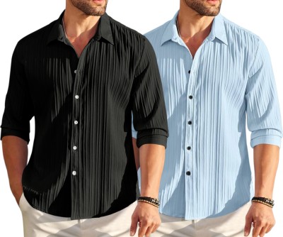 SIGMAN Men Striped Casual Black, Blue Shirt(Pack of 2)