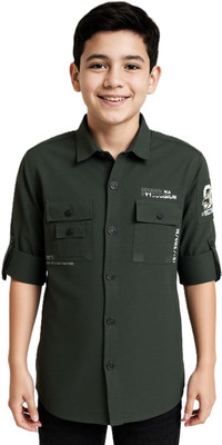 CAVIO Boys Printed Casual Dark Green Shirt
