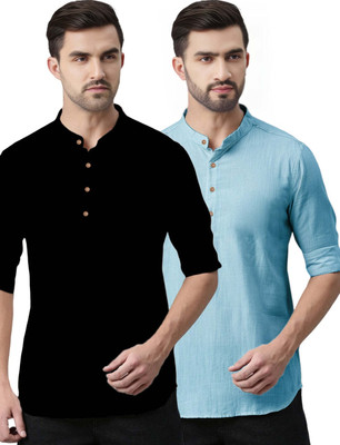 Navkanj Men Solid Asymmetric Kurta(Dark Blue)