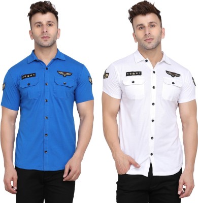 Lawful Casual Men Solid Casual White, Blue Shirt(Pack of 2)