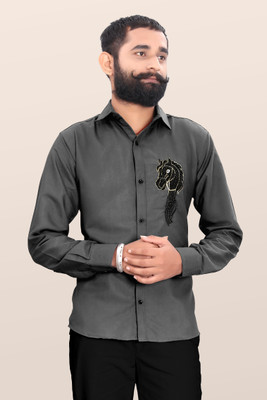 Tkgfashion Men Embroidered Party Black Shirt
