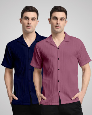 VK Couture Men Self Design, Striped Casual Dark Blue, Pink Shirt(Pack of 2)