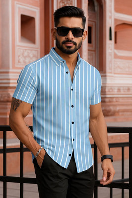 Manamrut Men Striped Casual Light Blue Shirt