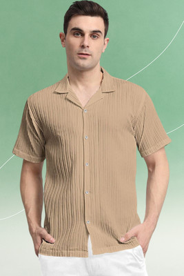 A DEEMOON TREND Men Striped Casual Cream Shirt