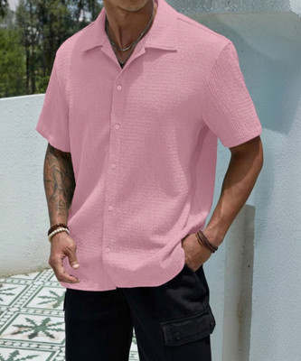 SHFASHION Men Self Design Casual Pink Shirt