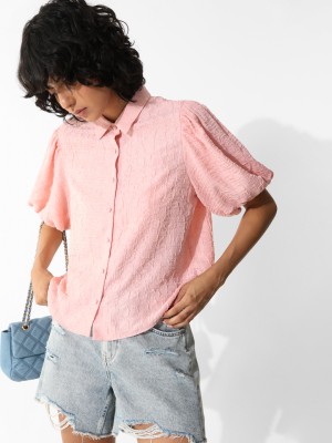 ONLY Women Self Design Casual Pink Shirt