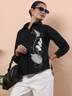 all about you Women Embroidered Casual Black Shirt