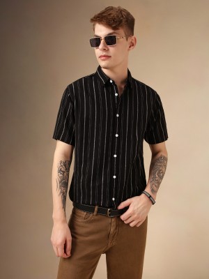 Dennis Lingo Men Striped Casual Black Shirt