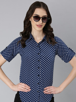 SHOWOFFFF Women Printed Casual Dark Blue, White Shirt