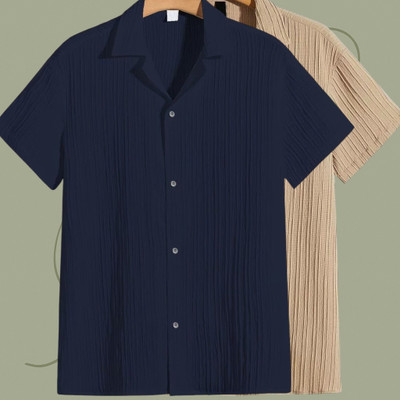 Jenil Fashion Men Self Design Casual Dark Blue, Cream Shirt(Pack of 2)