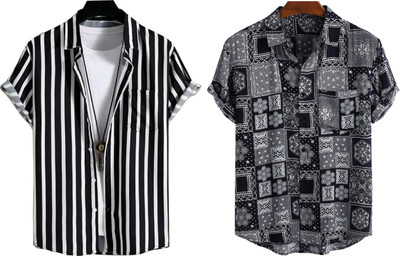 BLUE Men Striped Casual Black, White, Grey Shirt(Pack of 2)