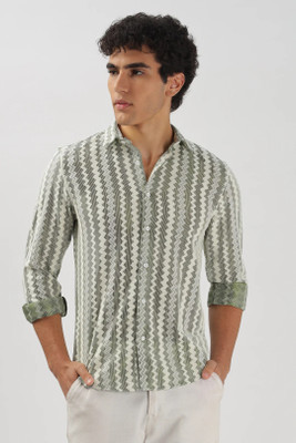 Wamoda Men Self Design Casual Green, Grey Shirt