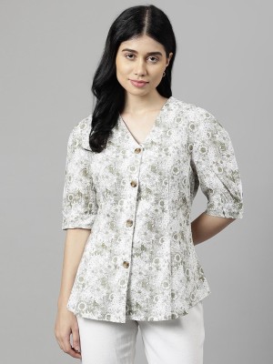 Hancock Women Printed Casual Dark Green, White Shirt