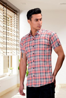 BASE 41 Men Checkered Casual Pink Shirt