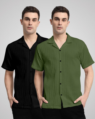 VK Couture Men Self Design Casual Black, Green Shirt(Pack of 2)