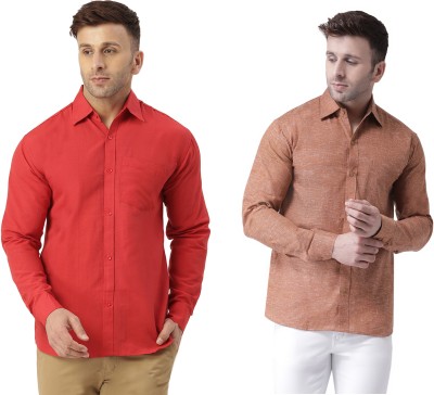 RIAG Men Solid Casual Red, Brown Shirt(Pack of 2)