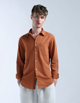 FLYING MACHINE Men Solid Casual Orange Shirt