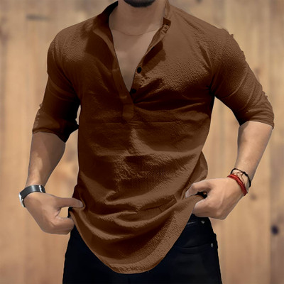 COMBRAIDED Men Self Design Casual Brown Shirt